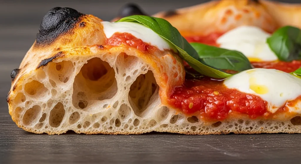 Borde de pizza napoletana con alveolos grandes mostrando una masa muy hidratada.