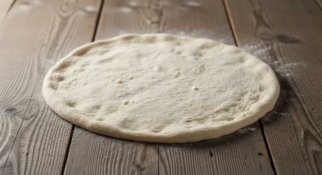 disco de masa de pizza sobre una mesa de madera