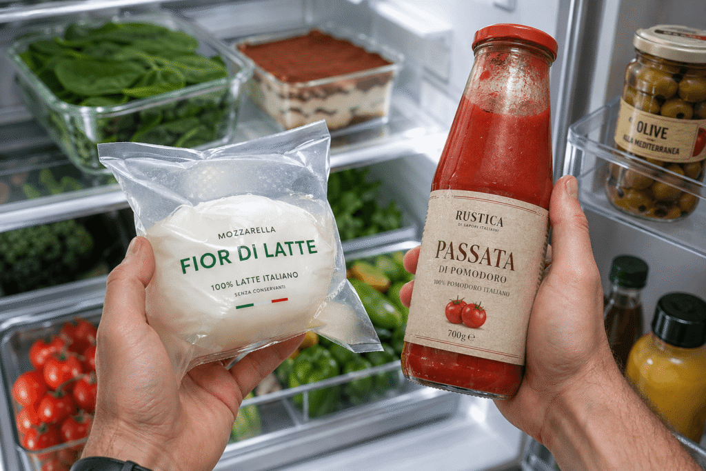 Nevera con ingredientes frescos para pizza casera