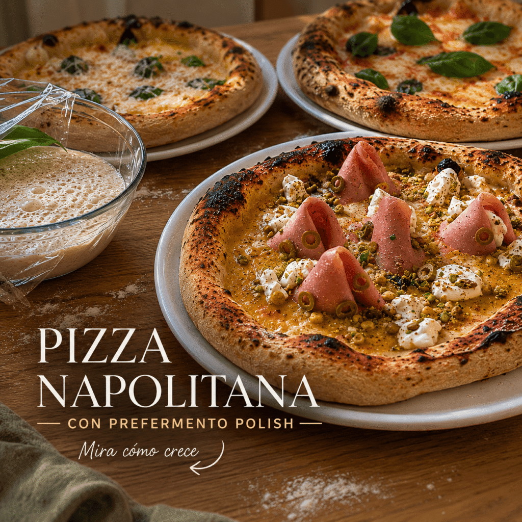 Pizza napolitana con poolish: tres pizzas recién horneadas con cornicione aireado, elaboradas con prefermento poolish e hidratación del 69%