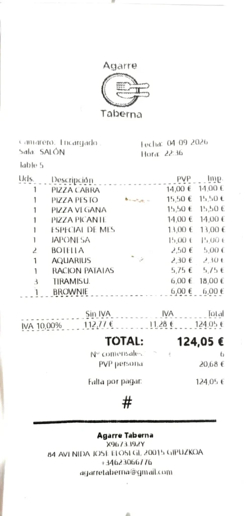 Ticket de Agarre Pizzería para una cena de seis personas