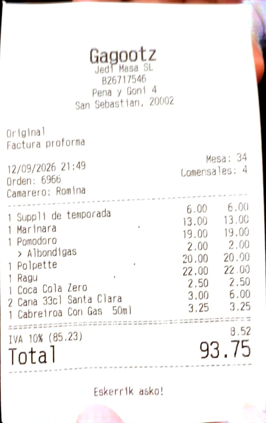 Ticket de Gagootz con cuatro pizzas, un supplì y bebidas por 93,75 euros